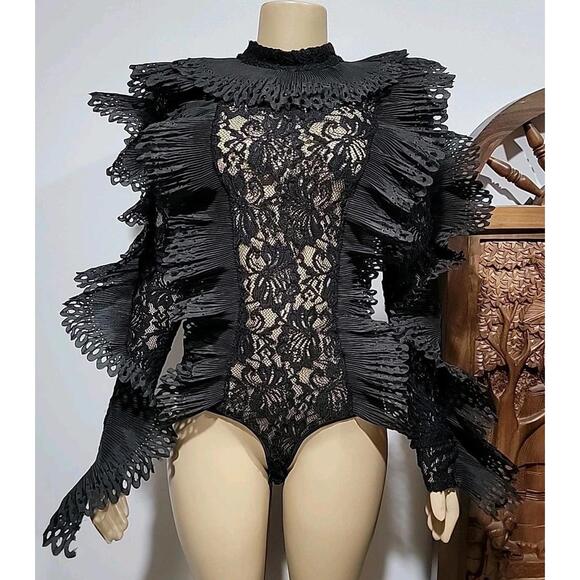 The Sang Tops - The Sang ~ Dramatic Ruffles Lace Black Size L Ladies Bodysuit Zip Back #01
